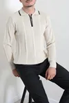 Çizgili Polo Yaka Erkek Triko Sweat Taş