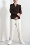 Çizgili Polo Yaka Erkek Triko Sweat Kahve