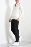 Çizgili Polo Yaka Erkek Triko Sweat Ekru