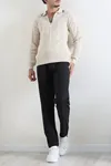 Çizgili Polo Yaka Erkek Triko Sweat Taş