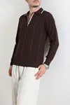 Çizgili Polo Yaka Erkek Triko Sweat Kahve