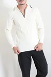 Çizgili Polo Yaka Erkek Triko Sweat Ekru