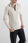 Çizgili Polo Yaka Erkek Triko Sweat Taş