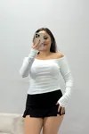 Kadın Ribana Omuz Düşümlü Bluz Beyaz