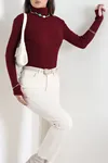 Kadın Balıkçı Yaka Parmak Geçmeli Triko Body Mürdüm
