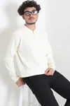 Fermuarlı Polo Yaka Erkek Triko Sweat Ekru