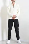 Fermuarlı Polo Yaka Erkek Triko Sweat Ekru