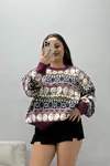 Kadın Desenli Triko Kazak Mürdüm