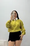 Kadın Gömlek Yaka Örgü Desen Triko Kazak Yağyeşili