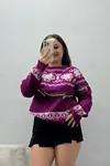 Kadın Nakış İşlemeli Triko Kazak Mürdümkrem