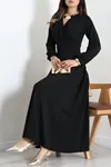 Kadın Kruvaze Yaka Pileli Krep Elbise Siyah