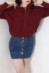 Kadın 3 İplik Şardonsuz Fermuarlı Cepli Crop Sweat Bordo