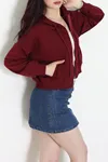 Kadın 3 İplik Şardonsuz Fermuarlı Cepli Crop Sweat Bordo