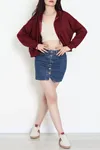 Kadın 3 İplik Şardonsuz Fermuarlı Cepli Crop Sweat Bordo