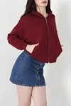 Kadın 3 İplik Şardonsuz Fermuarlı Cepli Crop Sweat Bordo