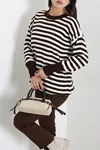 Kadın Oversıze Çizgili Triko Kahve