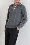 Çizgili Polo Yaka Erkek Triko Sweat Antrasit