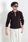 Çizgili Polo Yaka Erkek Triko Sweat Mürdüm