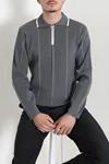 Çizgili Polo Yaka Erkek Triko Sweat Antrasit