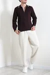 Çizgili Polo Yaka Erkek Triko Sweat Mürdüm
