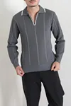 Çizgili Polo Yaka Erkek Triko Sweat Antrasit