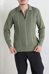 Çizgili Polo Yaka Erkek Triko Sweat Haki