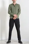 Çizgili Polo Yaka Erkek Triko Sweat Haki