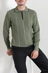 Çizgili Polo Yaka Erkek Triko Sweat Haki