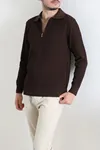 Fermuarlı Polo Yaka Erkek Triko Sweat Kahve