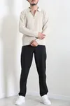 Fermuarlı Polo Yaka Erkek Triko Sweat Taş