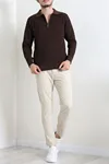 Fermuarlı Polo Yaka Erkek Triko Sweat Kahve