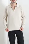 Fermuarlı Polo Yaka Erkek Triko Sweat Taş