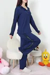 Kadın Kolları Dantel Detaylı Düğmeli Viskon Pijama Takımı Lacivert