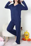 Kadın Kolları Dantel Detaylı Düğmeli Viskon Pijama Takımı Lacivert