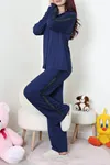 Kadın Kolları Dantel Detaylı Düğmeli Viskon Pijama Takımı Lacivert