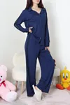 Kadın Kolları Dantel Detaylı Düğmeli Viskon Pijama Takımı Lacivert