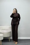 Kadın Beli Bağlamalı Kolu Yırtmaçlı Modal Takım Kahve