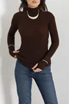 Kadın Dik Yaka Parmak Geçmeli Triko Body Açık Kahve