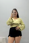 Kadın Belden Oturtmalı Kimono Kol Modal Bluz Çağla