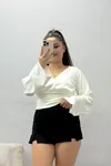 Kadın Belden Oturtmalı Kimono Kol Modal Bluz Ekru