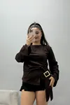 Kadın Toka Detaylı Kimono Kol Modal Bluz Açık Kahve