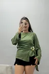 Kadın Toka Detaylı Kimono Kol Modal Bluz Haki