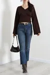 Kadın Belden Oturtmalı Kimono Kol Modal Bluz Açık Kahve