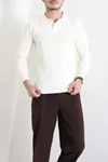Düğmeli Polo Yaka Erkek Triko Sweat Krem