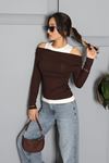 Viskon Polyester Degaje Yaka Uzun Kol İçi Body Kadın Bluz Kahve