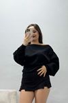 Kadın Kemerli Düşük Omuz Triko Bluz Siyah