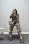 Kadın Süet Düğmeli Pijama Takımı Leopar