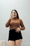 Kadın Balıkçı Yaka Parmak Geçmeli Triko Body Caramel