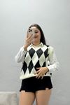 Kadın V Yaka Baklava Dilim Süveter Ekru