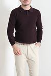 Düğmeli Polo Yaka Erkek Triko Sweat Mürdüm
